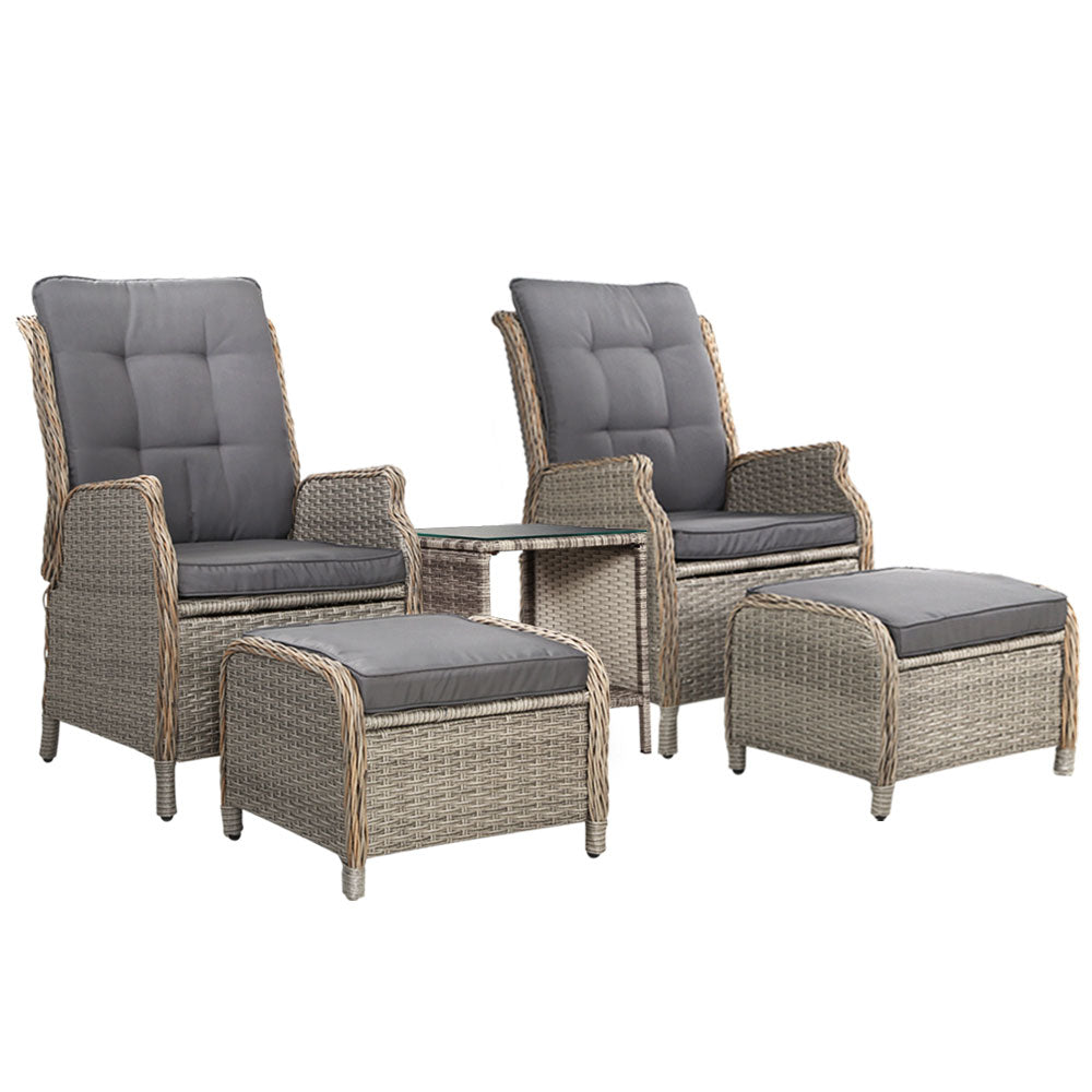 Recliner Chairs Table 5PC Sun Lounge Outdoor Furniture Wicker Adjustable - Grey