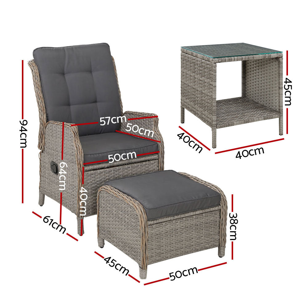 Recliner Chairs Table 5PC Sun Lounge Outdoor Furniture Wicker Adjustable - Grey
