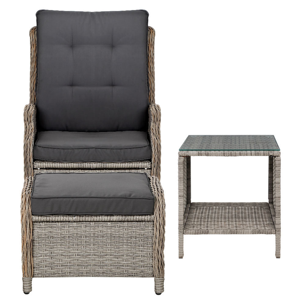 Recliner Chairs Table 5PC Sun Lounge Outdoor Furniture Wicker Adjustable - Grey
