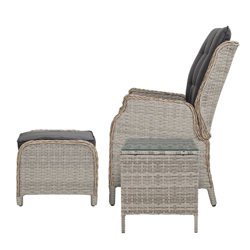 Recliner Chairs Table 5PC Sun Lounge Outdoor Furniture Wicker Adjustable - Grey