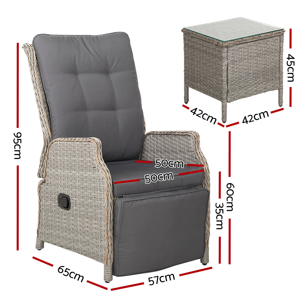 Recliner Chairs Table 3PC Sun Lounge Outdoor Furniture Wicker Adjustable - Grey