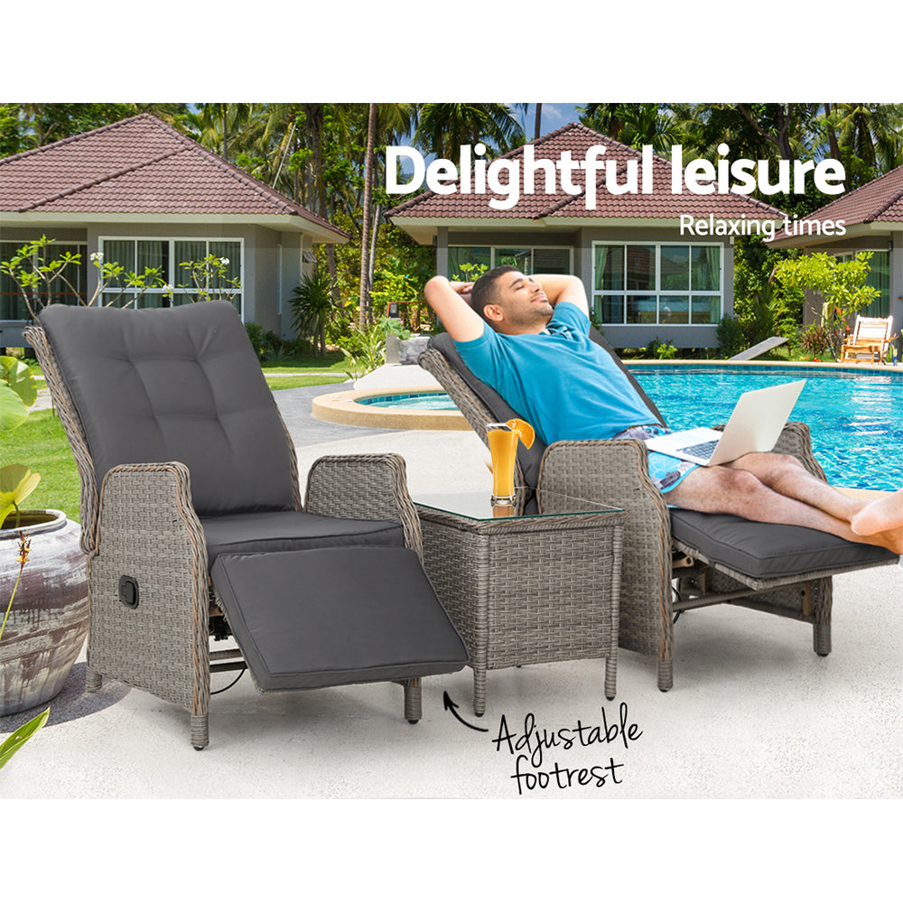 Recliner Chairs Table 3PC Sun Lounge Outdoor Furniture Wicker Adjustable - Grey