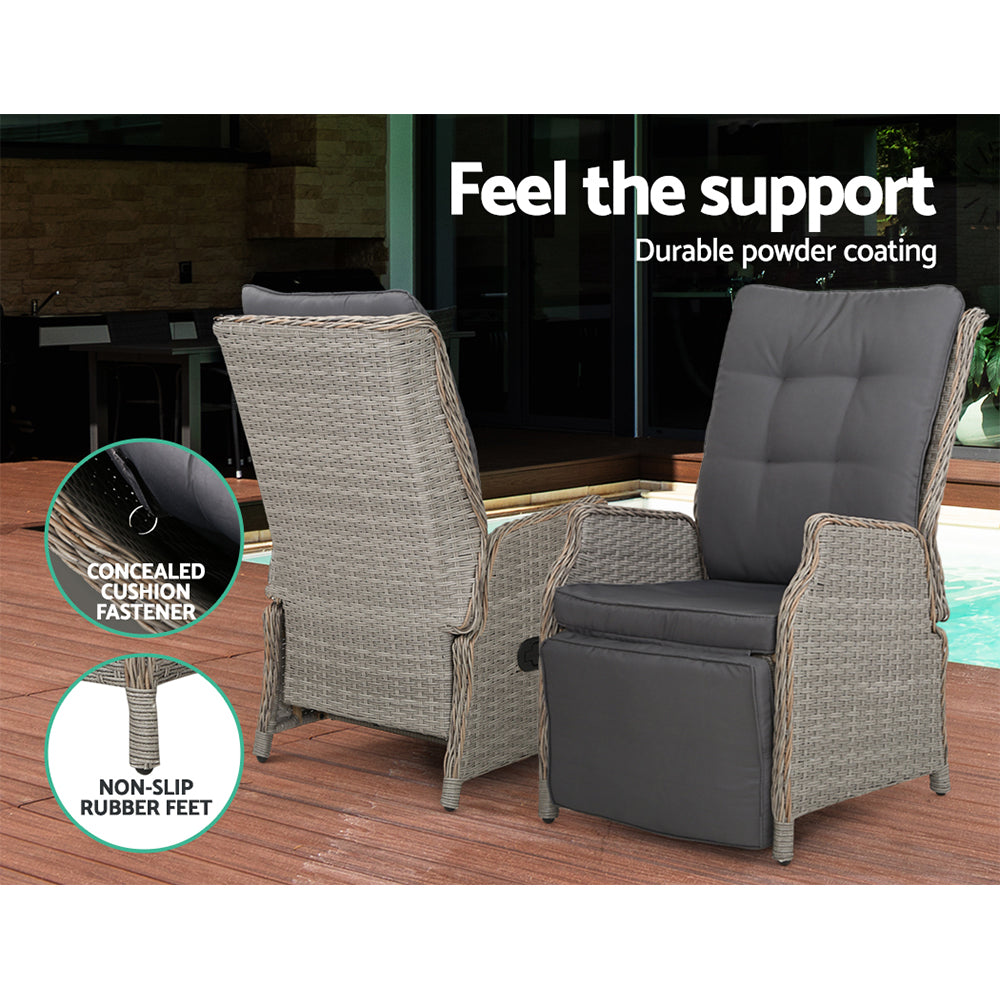 3PC Recliner Chairs Table Sun lounge Outdoor Furniture Wicker Adjustable Grey