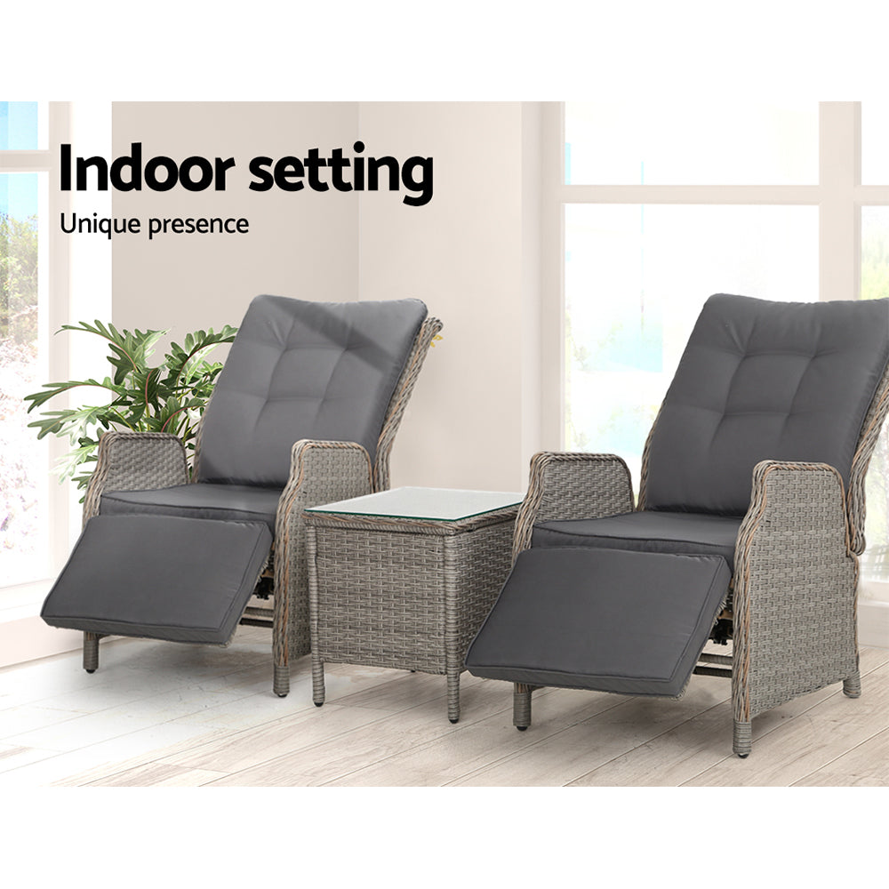 3PC Recliner Chairs Table Sun lounge Outdoor Furniture Wicker Adjustable Grey