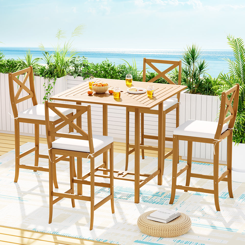 5-Piece Outdoor Bar Set Acacia Wood Bistro Patio Table Stools