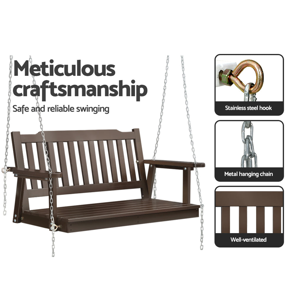 Porch Swing Chair with Chain Garden Bench Outdoor Furniture - Wooden Brown