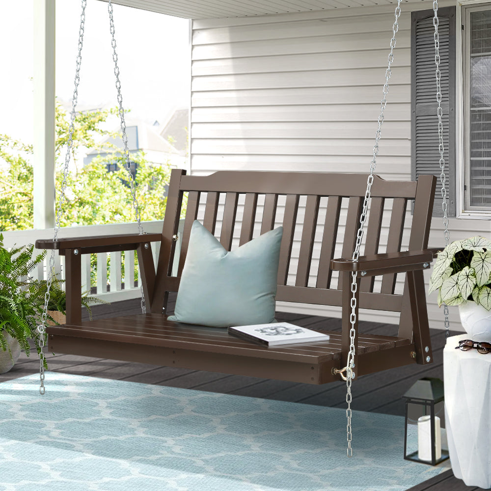 Porch Swing Chair with Chain Garden Bench Outdoor Furniture - Wooden Brown