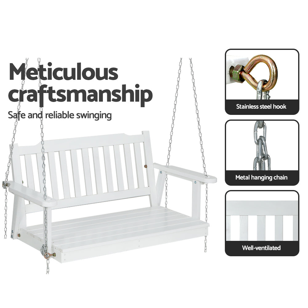 Porch Swing Chair with Chain Garden Bench Outdoor Furniture Wooden White