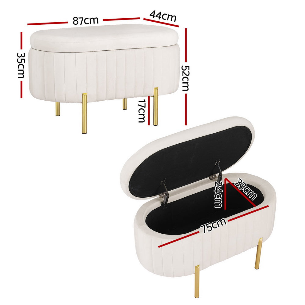 Storage Ottoman Blanket Box 87cm Velvet Oval White