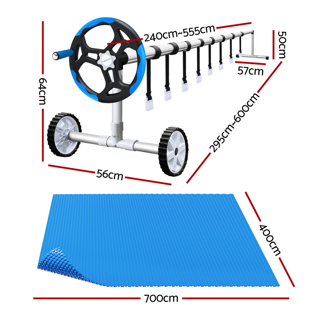 Swimming Pool Cover 600 Micron 7x4m with Roller 5.55m Solar Blanket - Blue