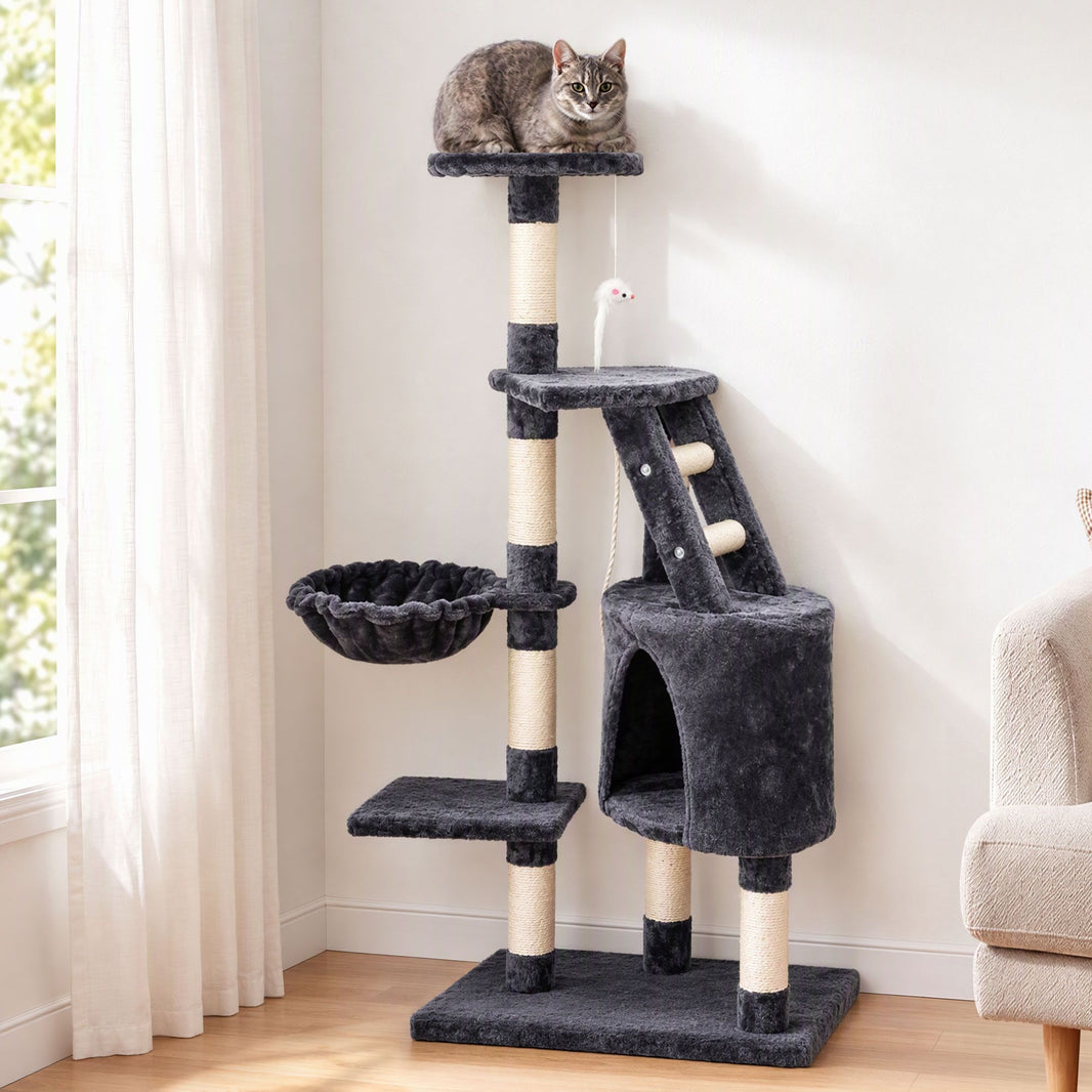 Cat Tree 120cm, Wood Multi-Level Scratching Post Tower Condo