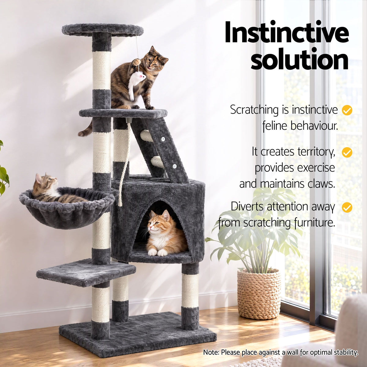 Cat Tree 120cm, Wood Multi-Level Scratching Post Tower Condo