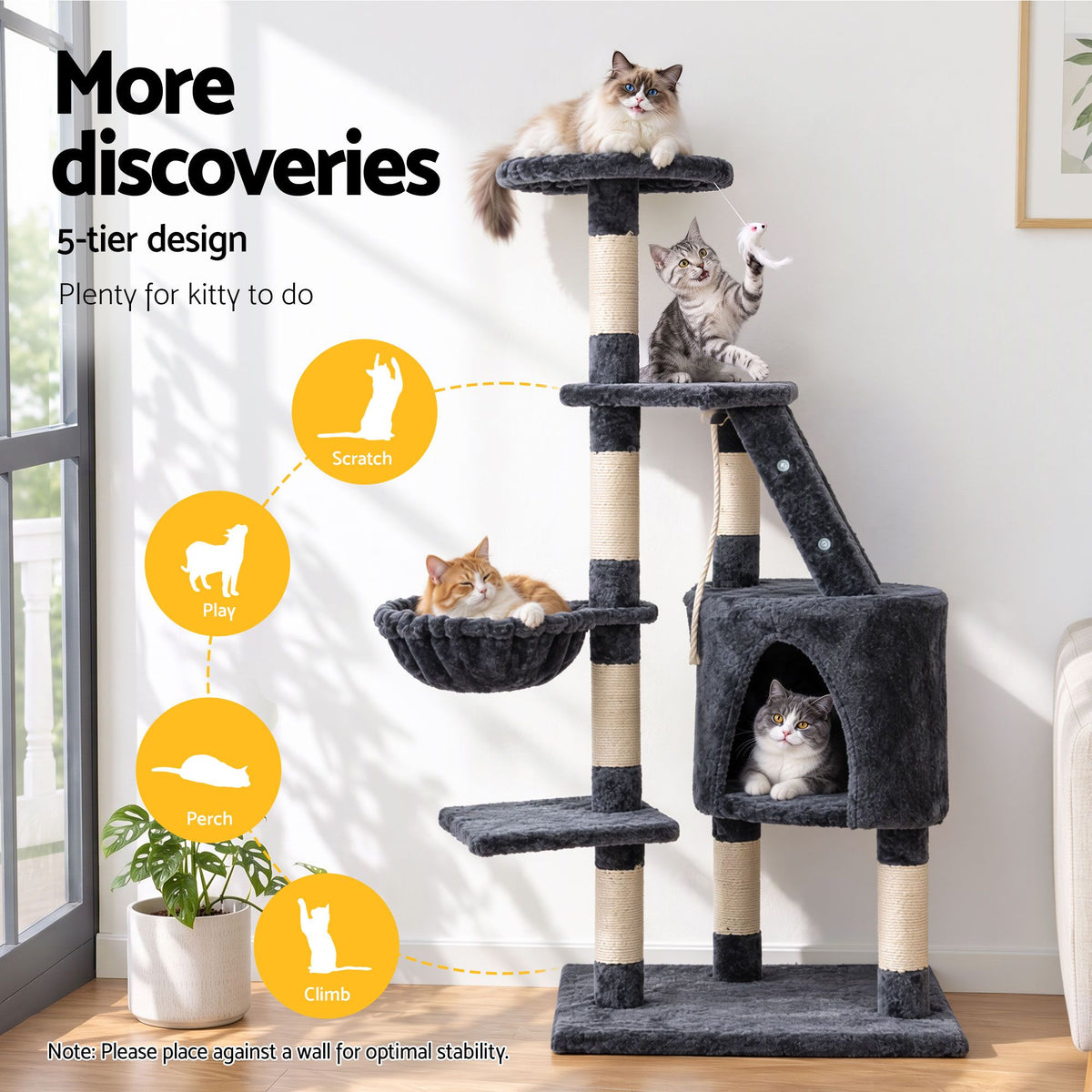 Cat Tree 120cm, Wood Multi-Level Scratching Post Tower Condo