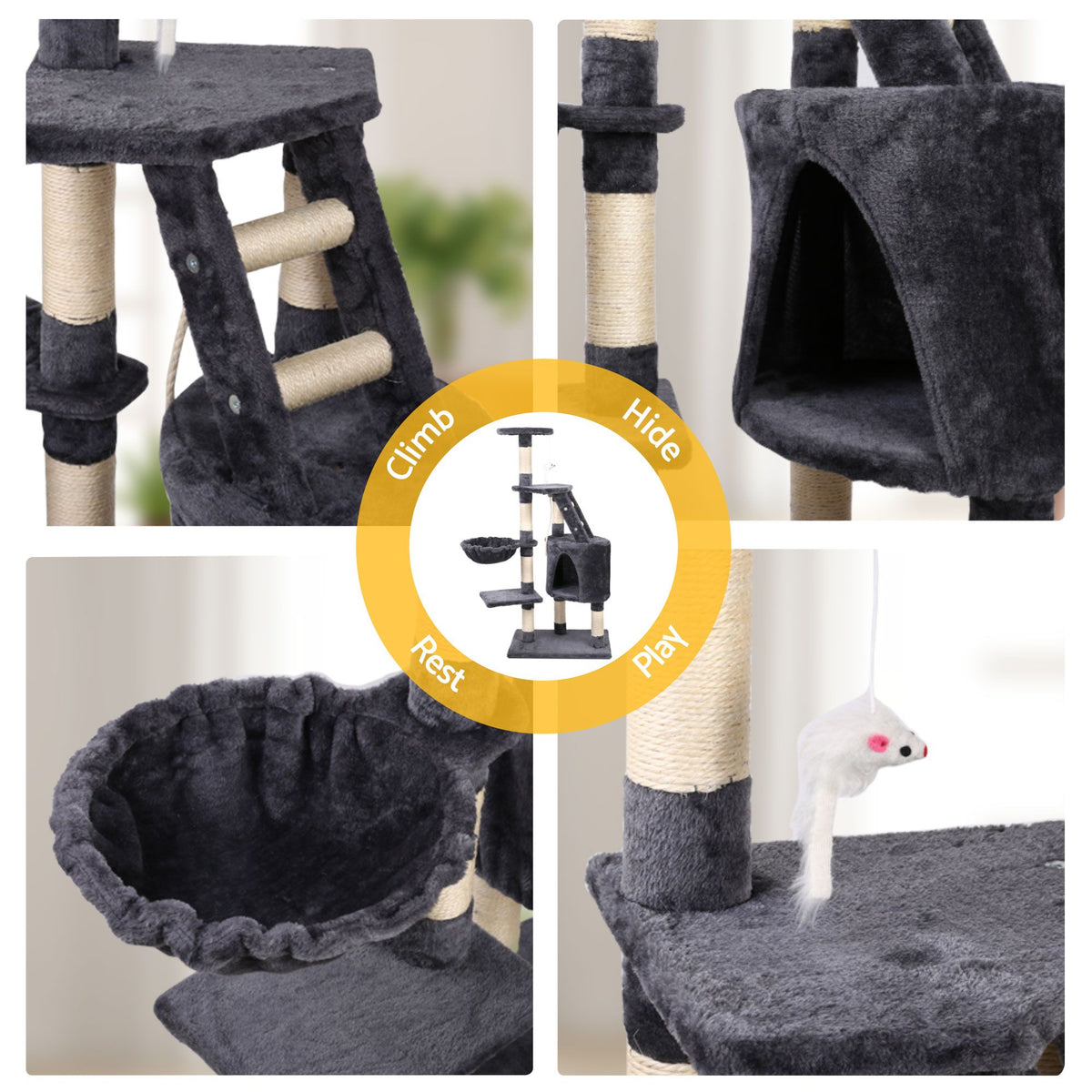 Cat Tree 120cm, Wood Multi-Level Scratching Post Tower Condo