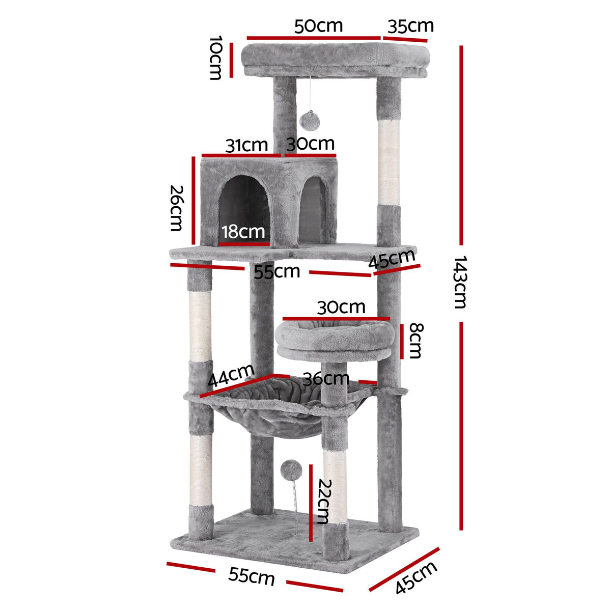 Cat Tree Tower Scratching Post Scratcher 143cm Condo House - Grey