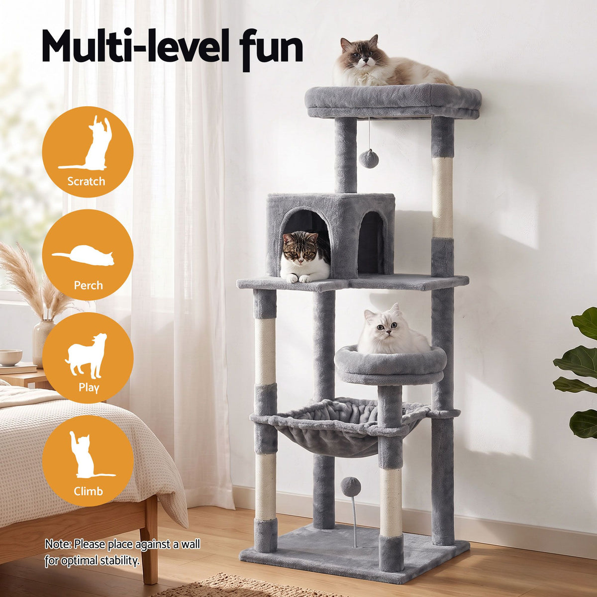 Cat Tree Tower Scratching Post Scratcher 143cm Condo House - Grey