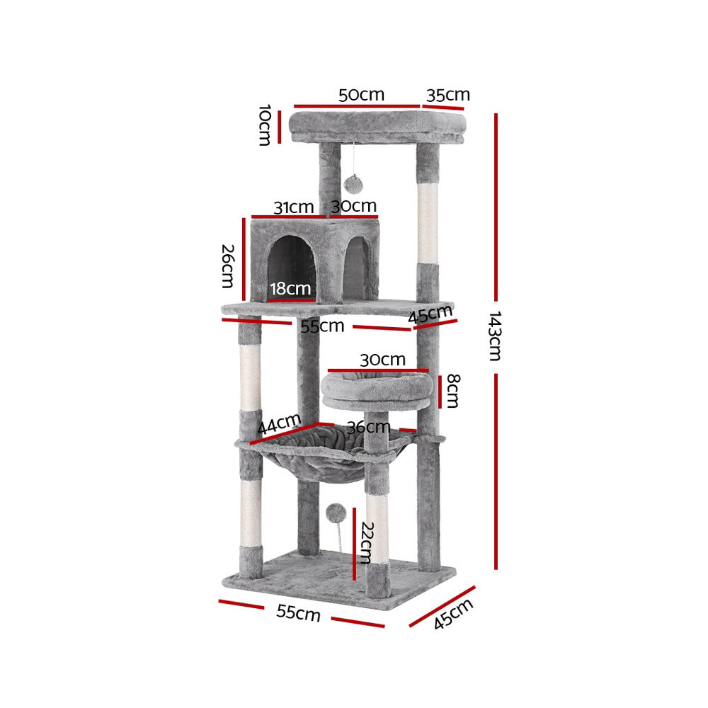 Cat Tree Tower Scratching Post Scratcher 143cm Condo House Trees Grey