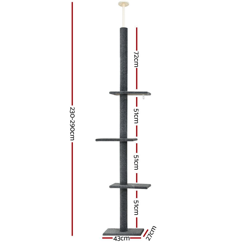 Cat Tree 290cm Tower Scratching Post Scratcher Floor-to-Ceiling Bed - Grey