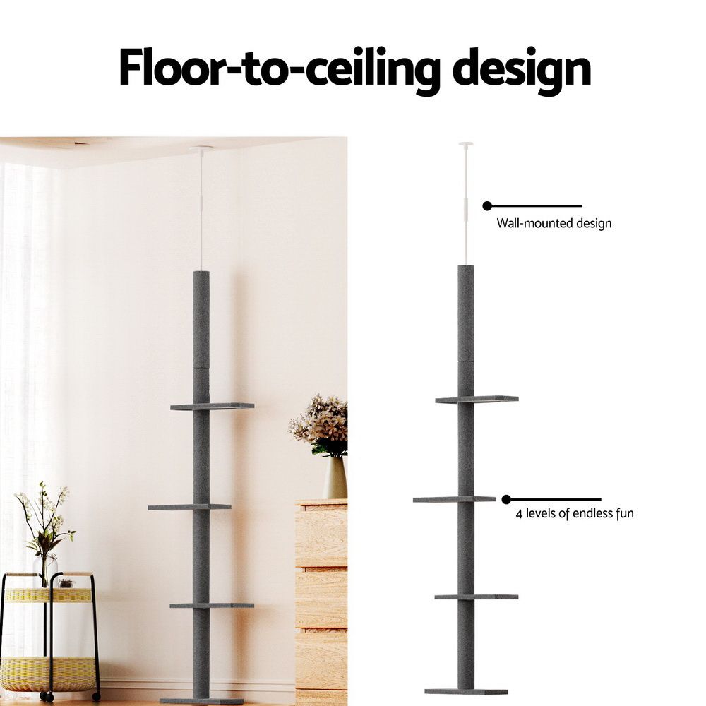 Cat Tree 290cm Tower Scratching Post Scratcher Floor-to-Ceiling Bed - Grey