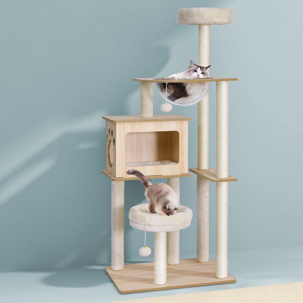 Cat Tree Tower Scratching Post Scratcher 142cm Wood Bed Condo House