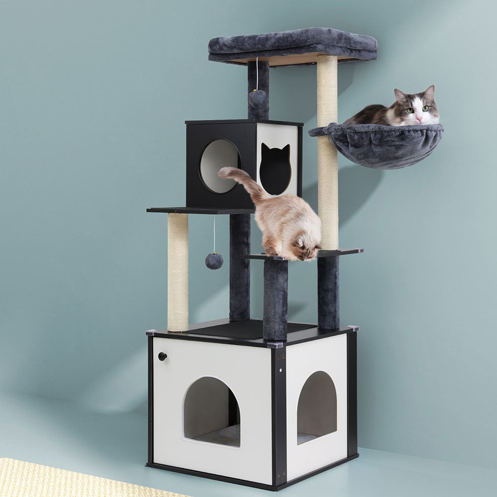 Cat Tree Tower Scratching Post Scratcher 144cm Wood Bed Condo House Cabinet