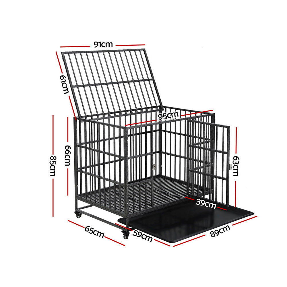 Dog Cage Crate Large Puppy Cat Anti-Bite Kennel with Wheels & Tray - Metal