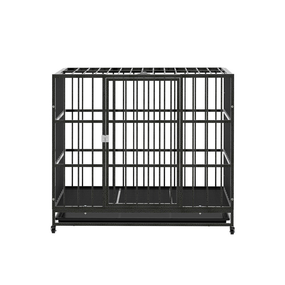 Dog Cage Crate Large Puppy Cat Anti-Bite Kennel with Wheels & Tray - Metal