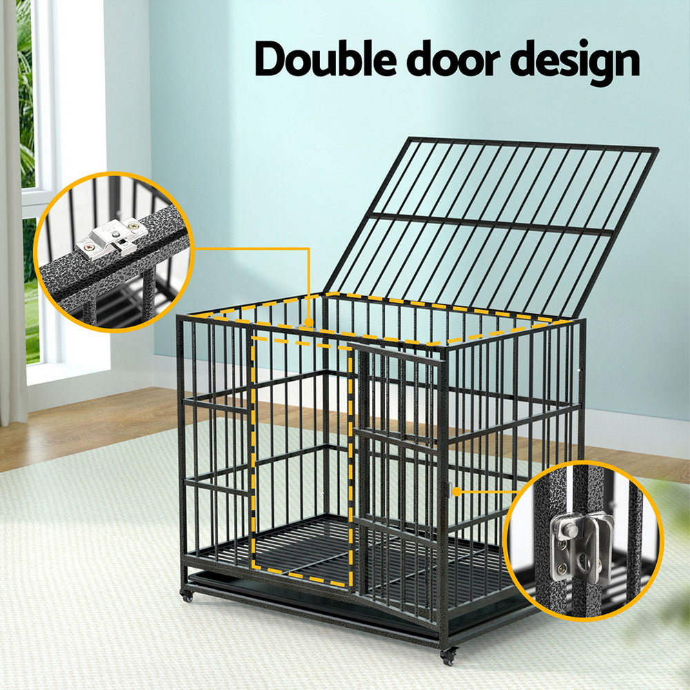 Dog Cage Crate Large Puppy Cat Anti-Bite Kennel with Wheels & Tray - Metal