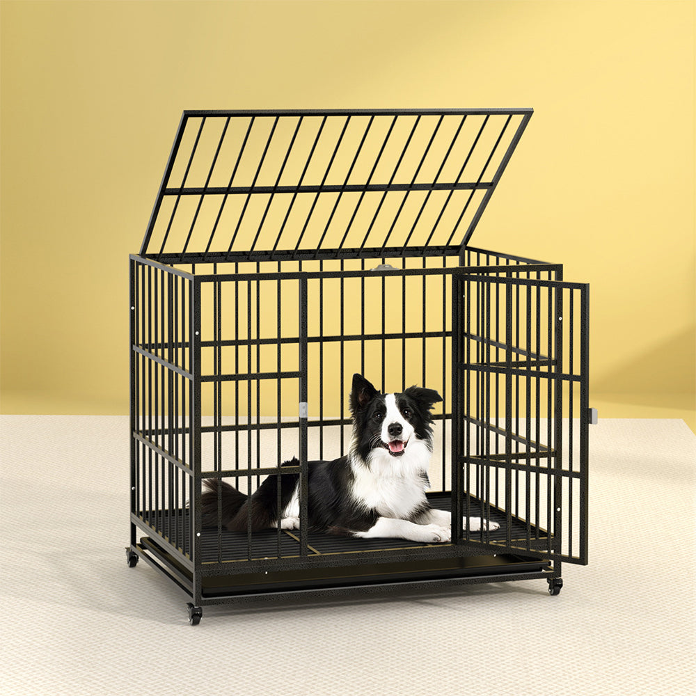 Dog Cage Crate Large Puppy Cat Anti-Bite Kennel with Wheels & Tray - Metal