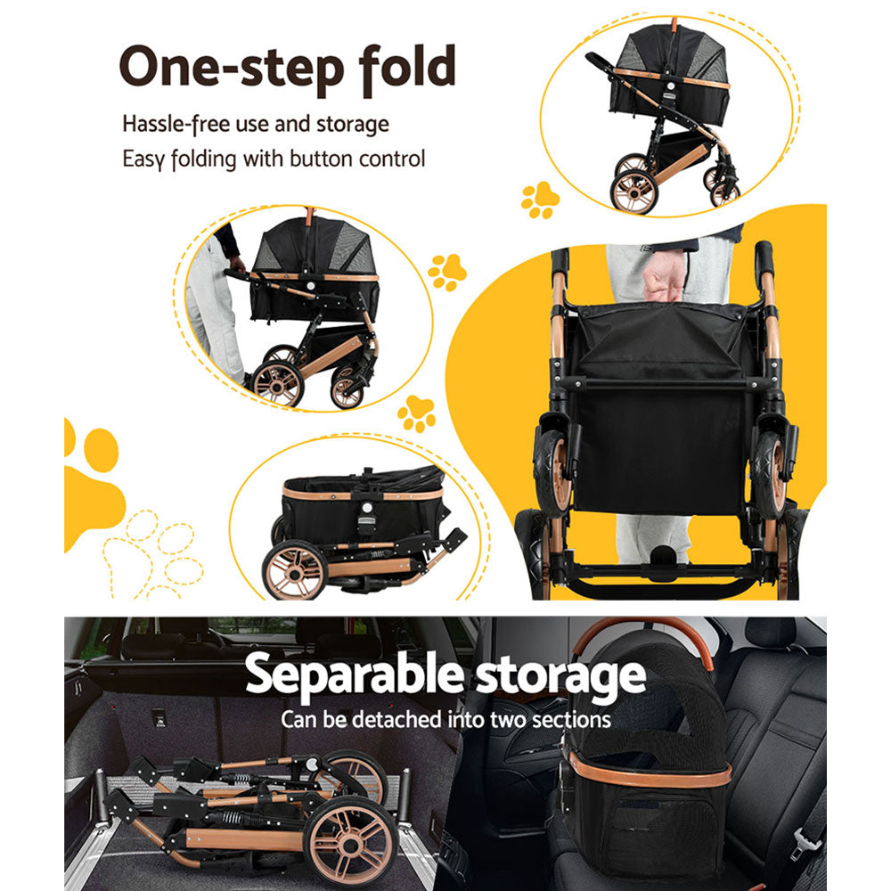 Pet Stroller Dog Pram Large Cat Carrier Travel Foldable Pushchair with 4 Wheels