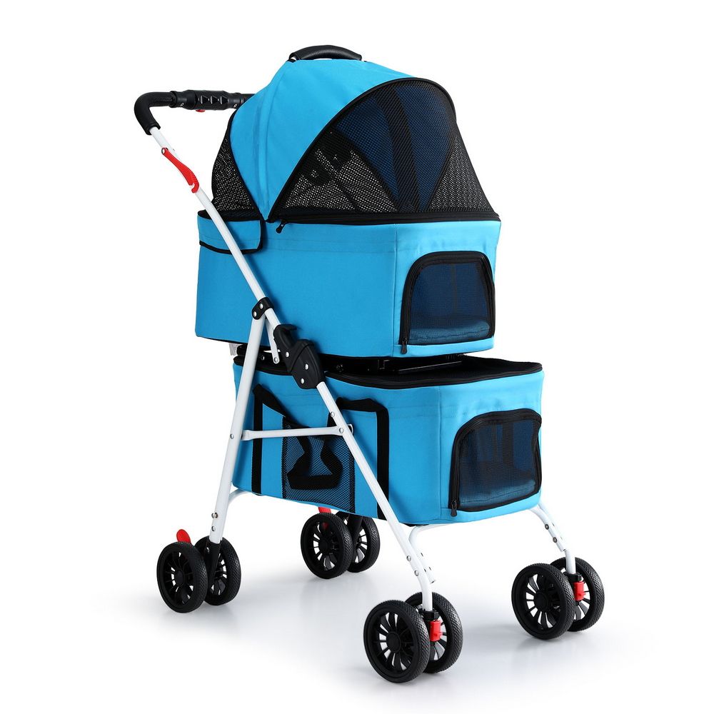 Pet Stroller Dog Pram Large Cat Carrier Travel Foldable 4 Wheels - Double