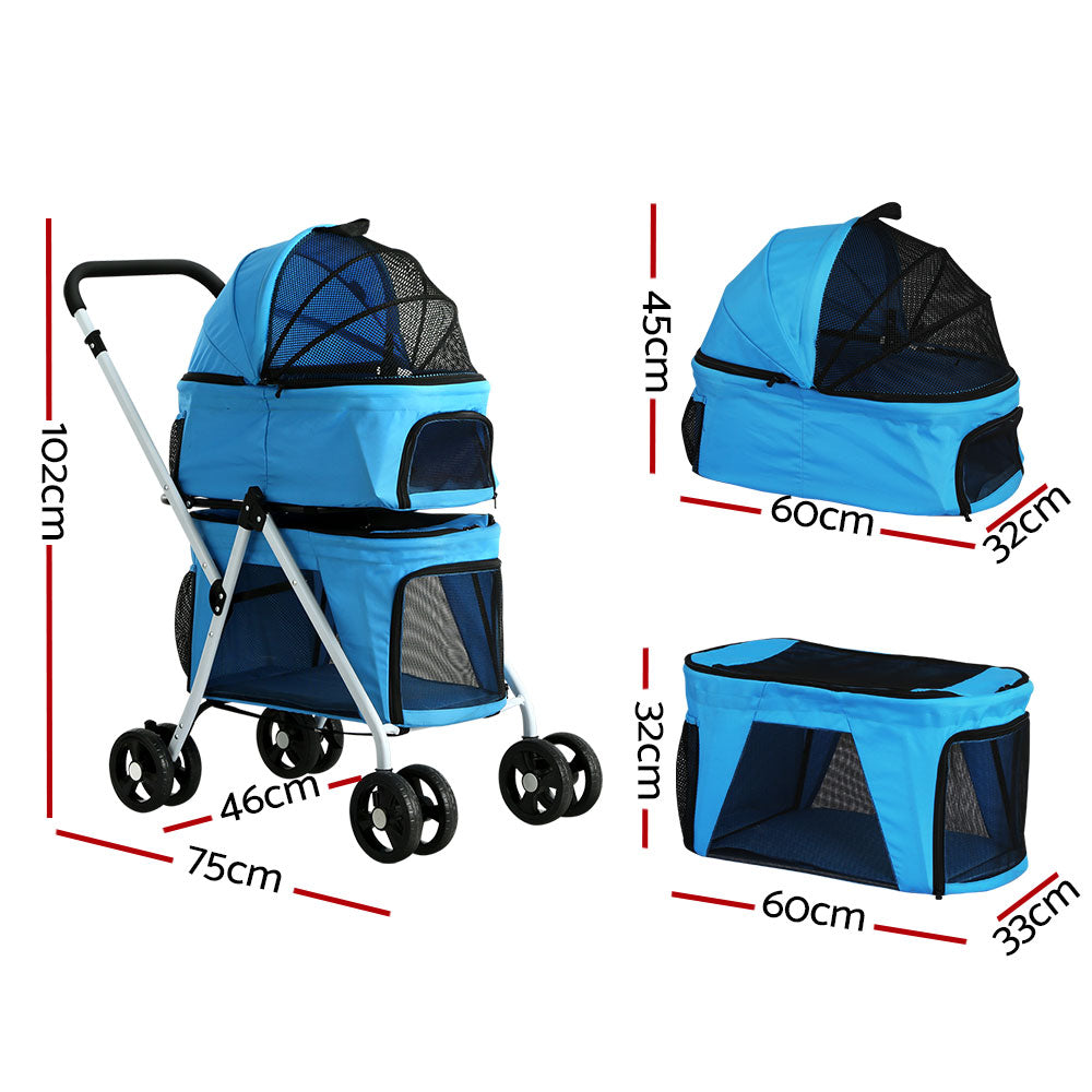 Pet Stroller Dog Pram Large Cat Carrier Travel Foldable 4 Wheels - Double