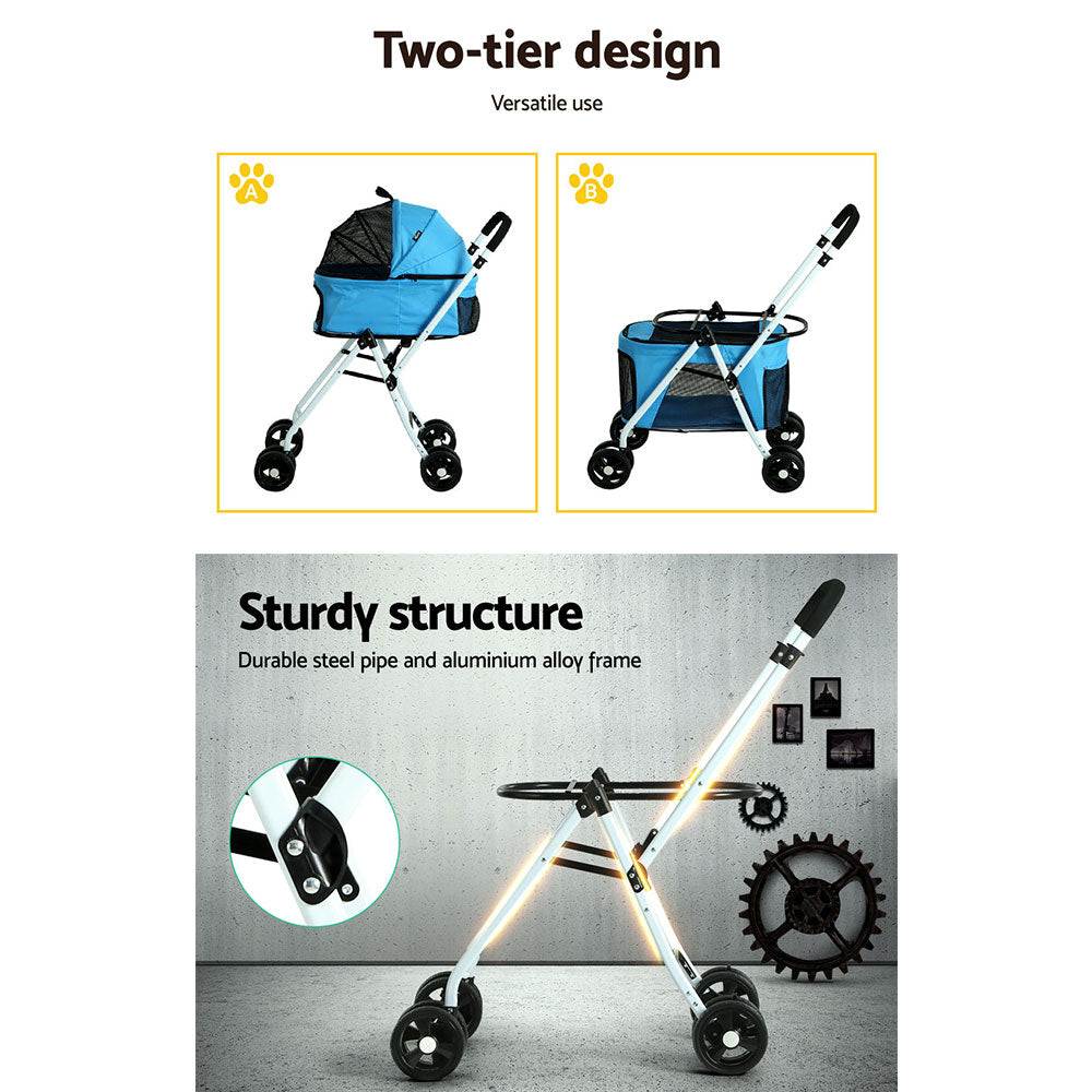 Pet Stroller Dog Pram Large Cat Carrier Travel Foldable 4 Wheels - Double