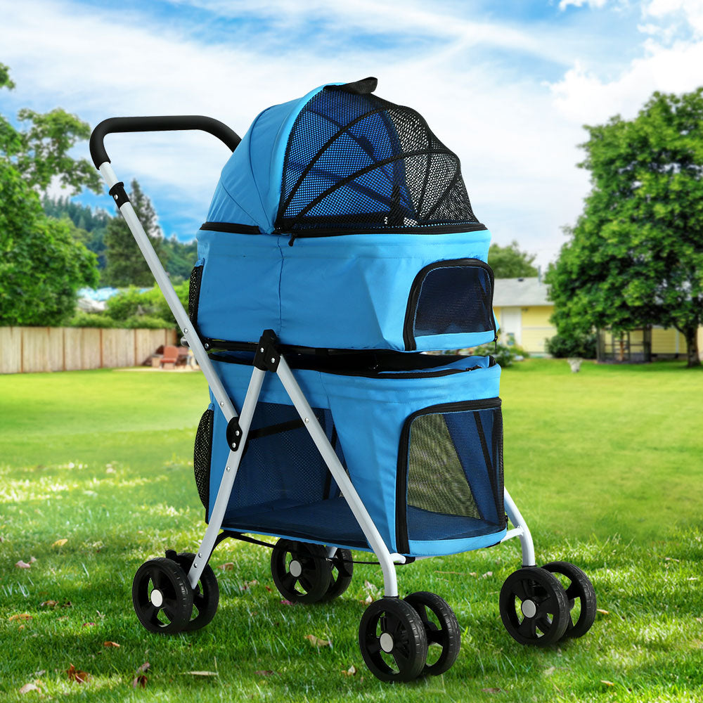 Pet Stroller Dog Pram Large Cat Carrier Travel Foldable 4 Wheels - Double