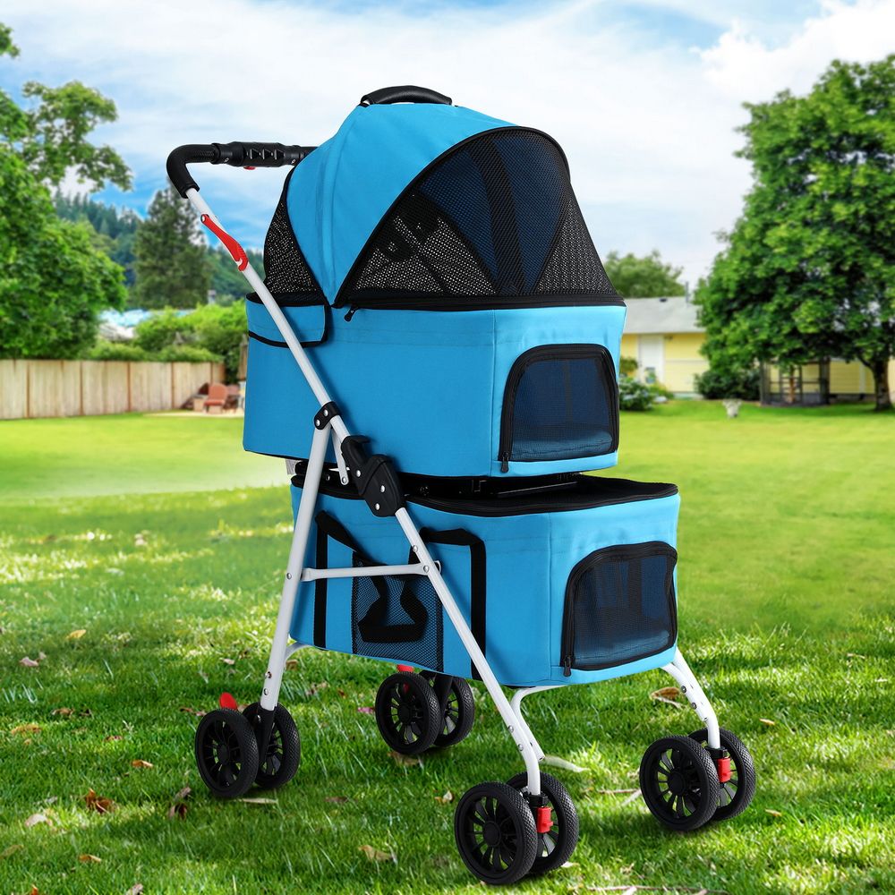 Pet Stroller Dog Pram Large Cat Carrier Travel Foldable 4 Wheels - Double