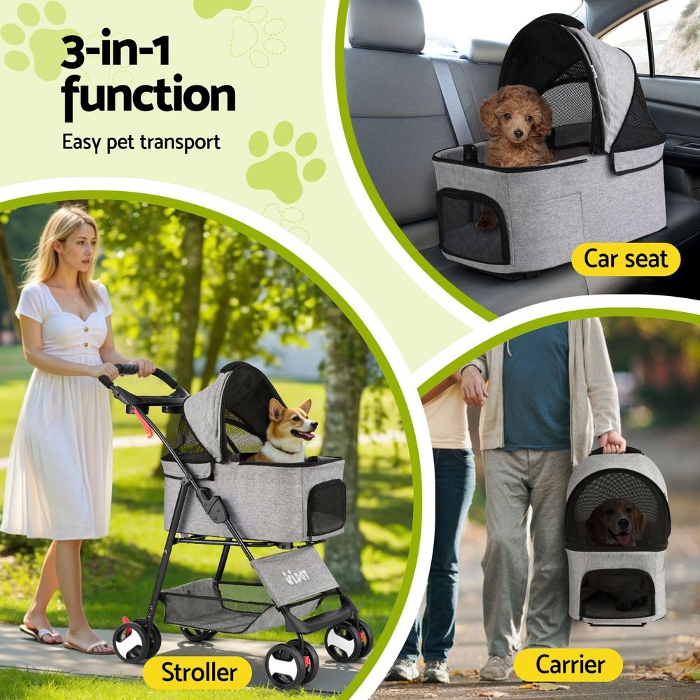Pet Stroller Dog Carrier Foldable Pram 3 IN 1 Middle Size Grey