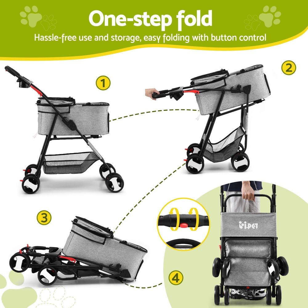 Pet Stroller Dog Carrier Foldable Pram 3 IN 1 Middle Size Grey