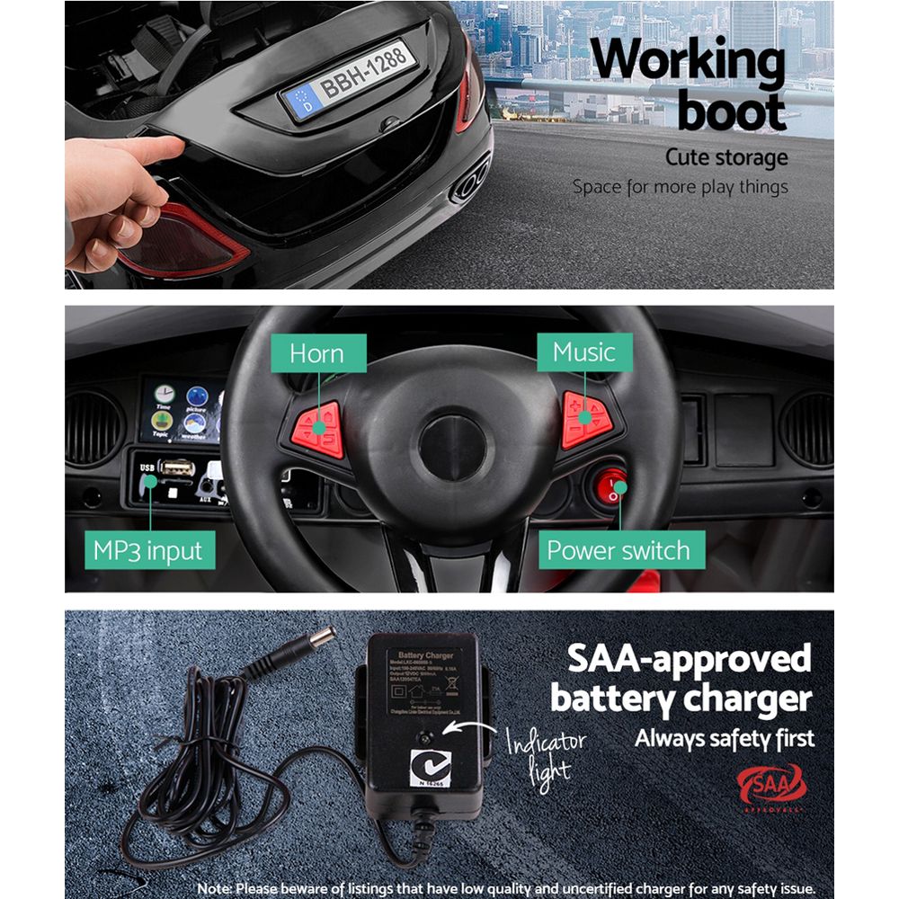 12V Battery Remote Control Black LED Ride Car Toys