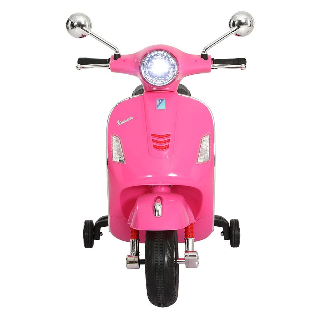 Pink kids ride-on car with black wheels and steering wheel