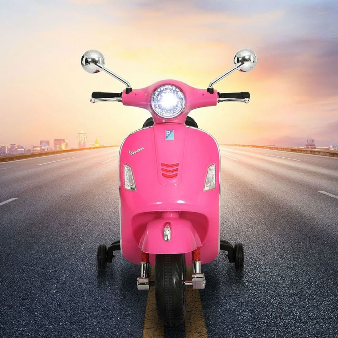Pink kids ride-on car with front grille and black tyres