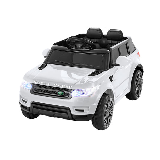 White kids ride-on car with headlights and open cabin area