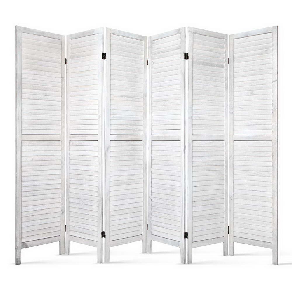 Room Divider, 6‑Panel Privacy Screen, Foldable Wood Stand, White