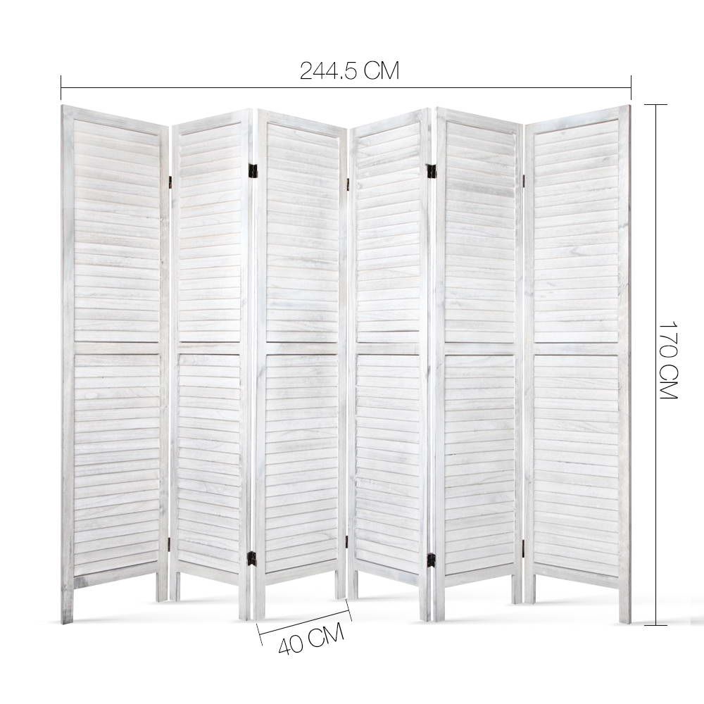 Room Divider, 6‑Panel Privacy Screen, Foldable Wood Stand, White