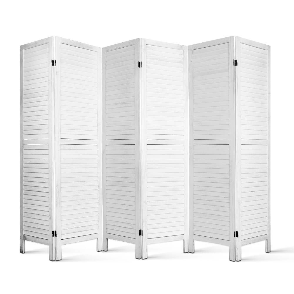 Room Divider, 6‑Panel Privacy Screen, Foldable Wood Stand, White
