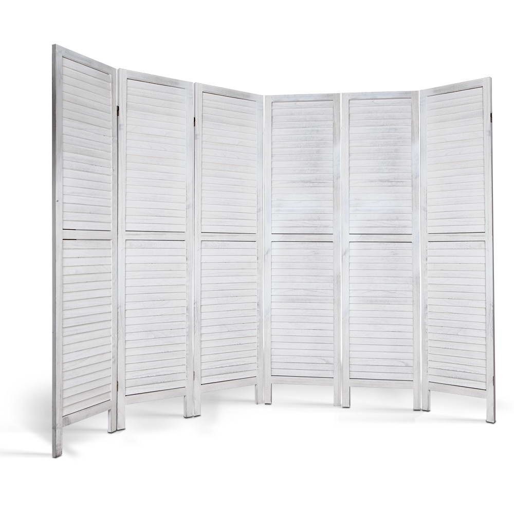 Room Divider, 6‑Panel Privacy Screen, Foldable Wood Stand, White