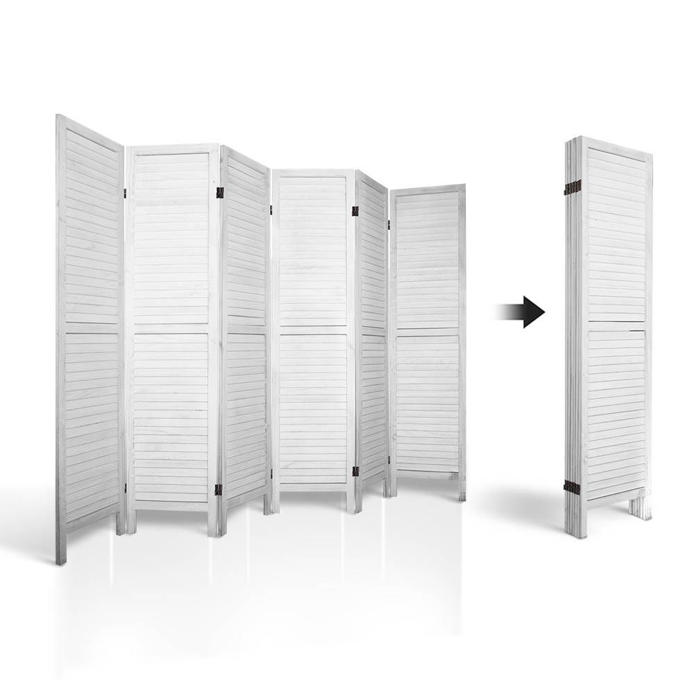 Room Divider, 6‑Panel Privacy Screen, Foldable Wood Stand, White