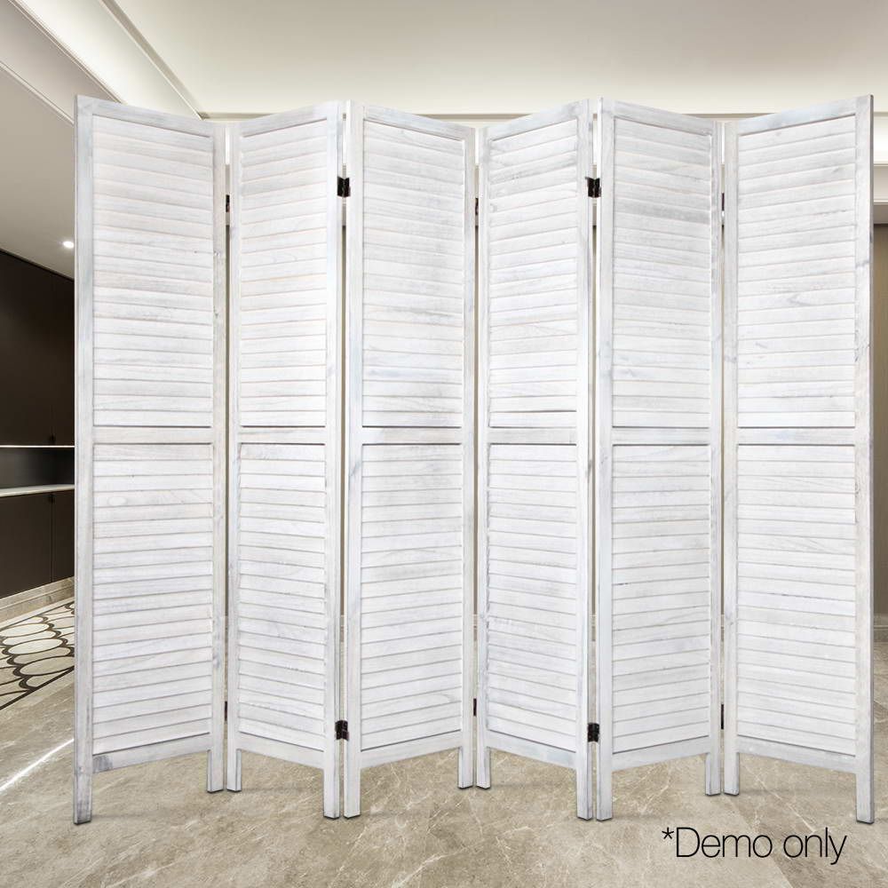 Room Divider, 6‑Panel Privacy Screen, Foldable Wood Stand, White