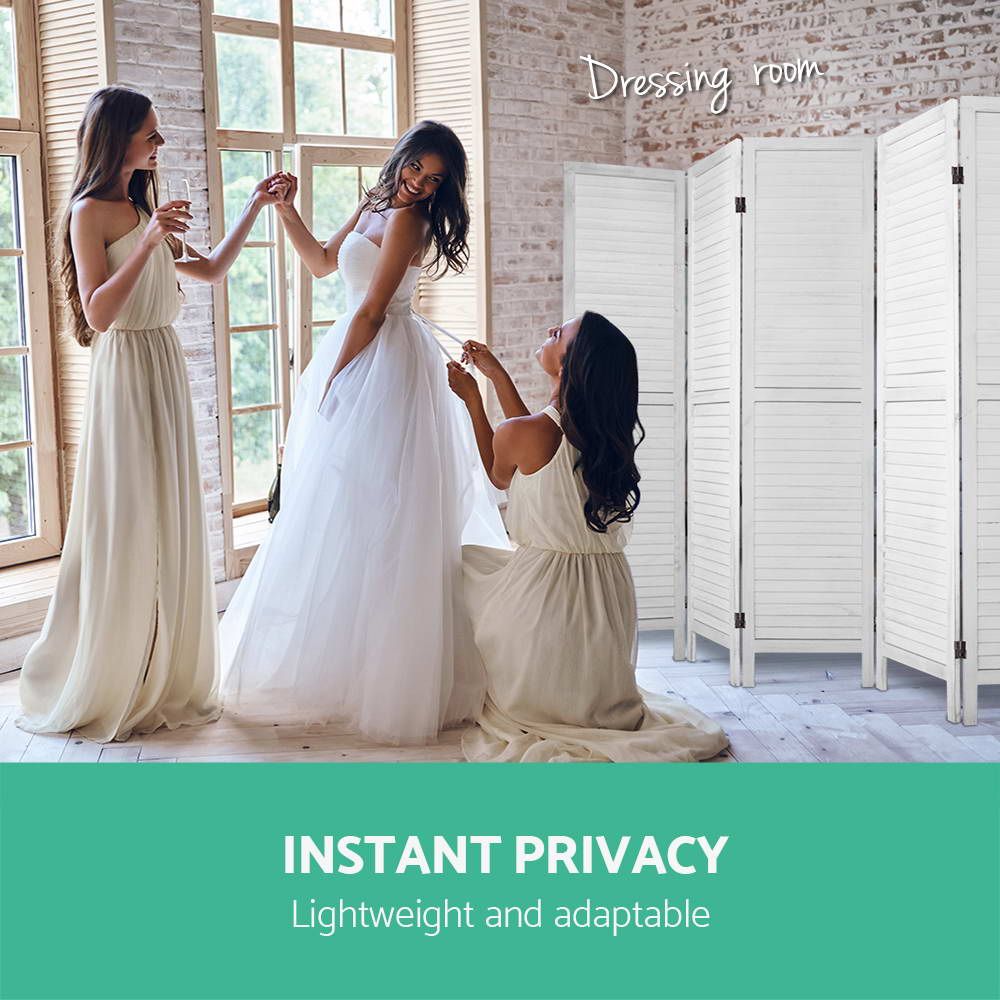 Room Divider, 6‑Panel Privacy Screen, Foldable Wood Stand, White
