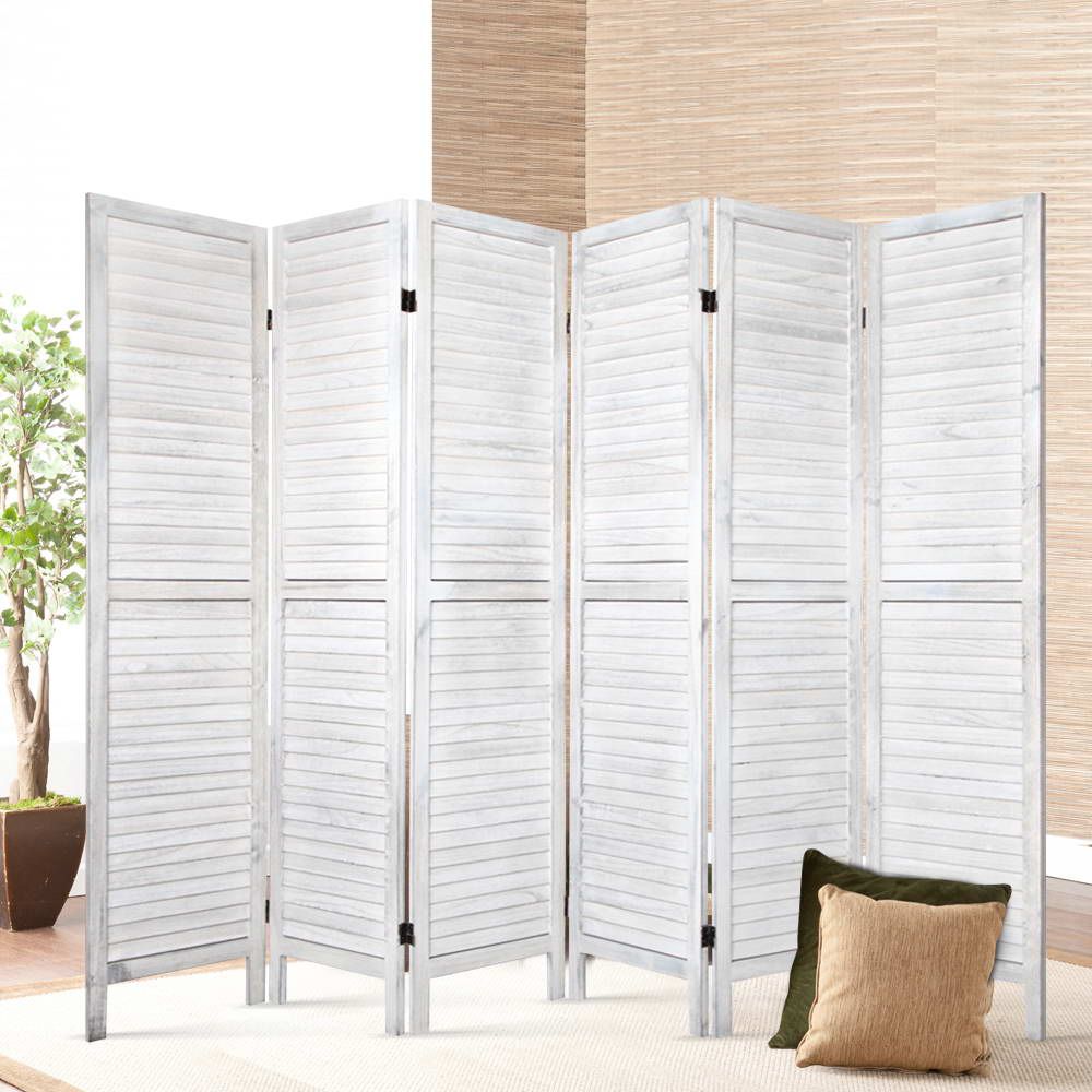 Room Divider, 6‑Panel Privacy Screen, Foldable Wood Stand, White