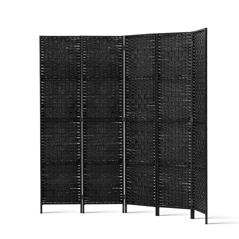 Room Divider, 4‑Panel Privacy Screen, Rattan Woven Wood, Black
